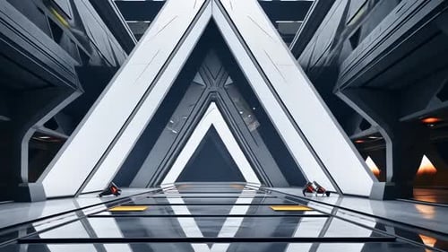 Futuristic interior corridor with triangular architectural design