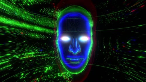 Digital Brain Concept: Neon Wireframe AI Head with Data Streams