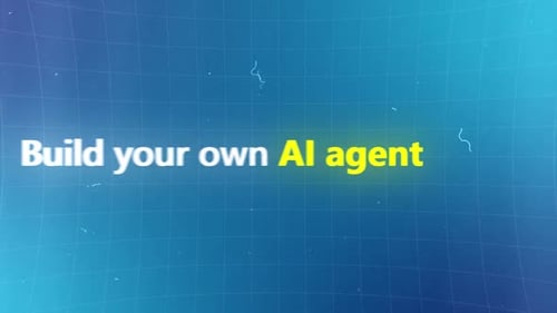 Crea tu propio texto de agente de IA sobre un fondo de cuadrícula digital azul con un brillo futurista