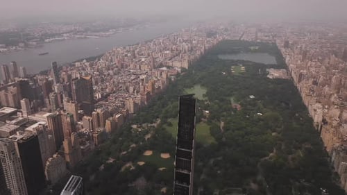 Aerial video of the skyscrapers in the city, Central Park in New York. USA