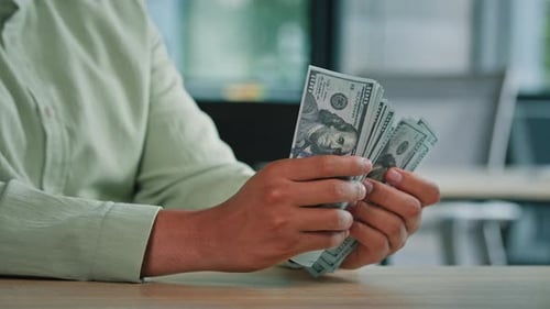 Closeup Male Hands Counting Cash Money African American Unrecognizable Man Indoors Businessman