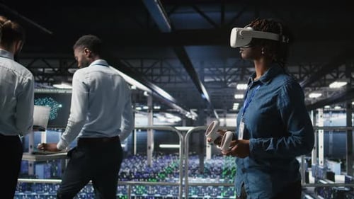 Data Center Admin Wearing VR Headset Using Artificial Intelligence