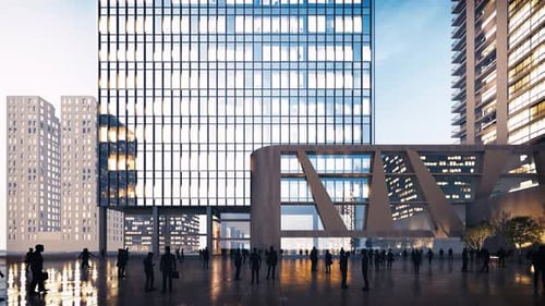Silhouette 3D: multitud de pie y caminando frente al Edificio Comercial