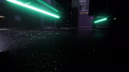 Shimmering Wet City Walkway Under Neon Night Lights 4 K