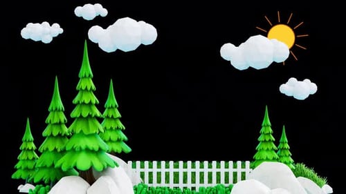 Stylized Geometric Nature Landscape with Pine Trees and Clouds