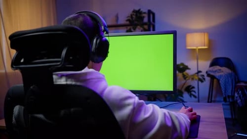 Adult at Computer with Green Screen Monitor