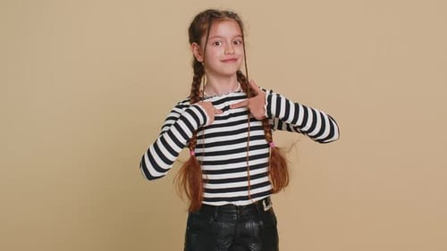 Child Girl Feeling Very Proud Pointing Herself Overjoyed By Success Making Choice Selfconfident