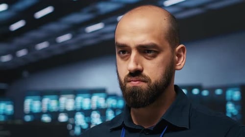 Close Up Shot of IT Engineer Safeguarding Supercomputers Against Threats