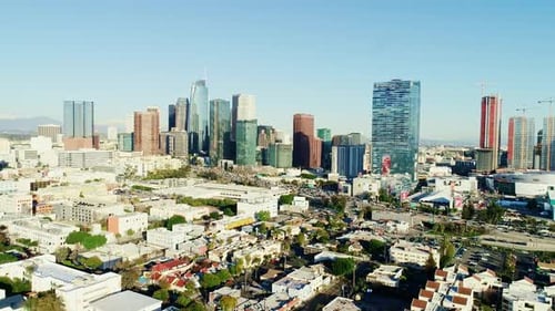 Los Angeles Skyline Drone Shot Before Sunset with Modern Skyscraper Views