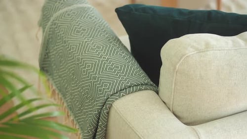 Close up of Neutral Couch with Green Accents