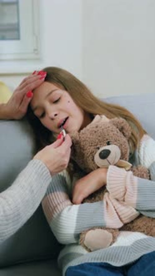 Flu Concept Where Cute Sick 15Aged Girl with Scarf Around Neck Cought Cold and Her Excited Adult