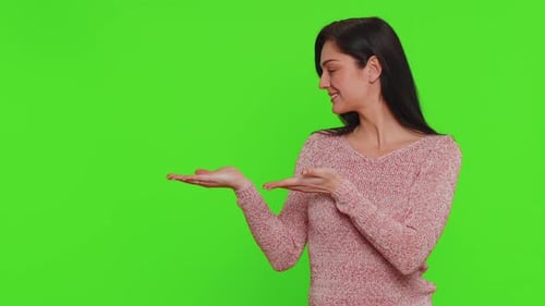 Woman Pointing Empty Place Advertising Area for Commercial Text Copy Space for Goods Promotion