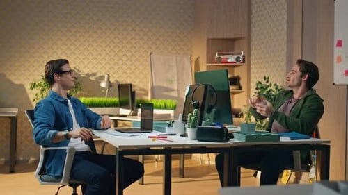 Positive Guys Playing Ball Communicating Sunny Office Freelancers Giving Five