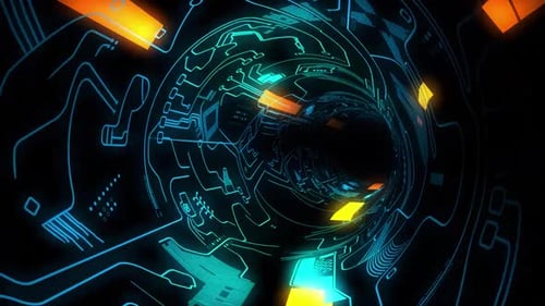 Futuristic Digital Tunnel with Glowing Circuit Patterns