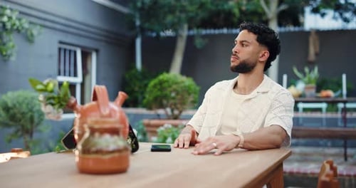 Phone, late and frustrated with man in restaurant for online dating crisis