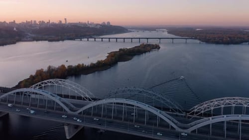 Evening Urban City Scape with Bridges Over the River