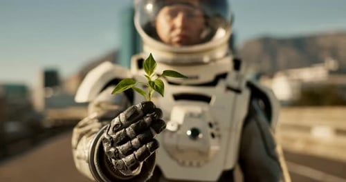Travel, planet and hands of astronaut with plant for nature, environment and ecosystem restoration