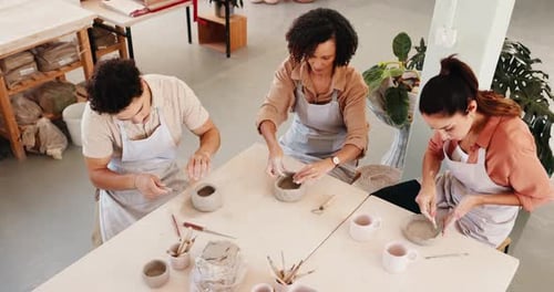 Group, people and molding clay for pottery of sculpture design, learning technique and process