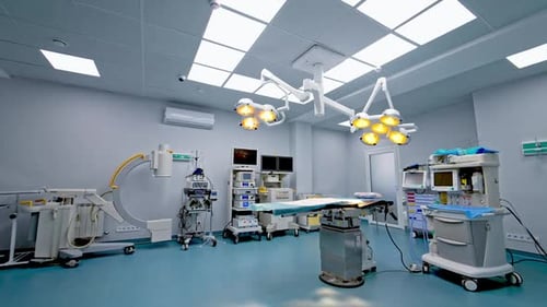 White perfectly clean surgical room with modern equipment. Empty operational theatre