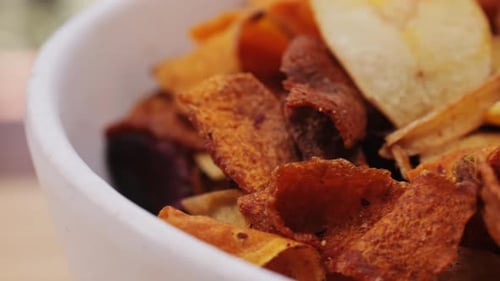 Colorful Vegetable Chips in a White Bowl