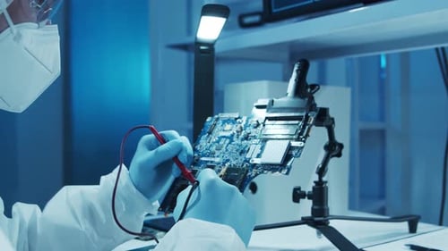 Microelectronics Engineer Works in a Modern Scientific Laboratory on Computing Systems and
