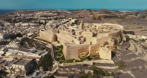 Epic Aerial Footage of the Citadel of Rabat Victoria on Gozo Island Malta
