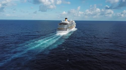 Large Cruise Ship Navigating Calm Ocean Waters on Sunny Day