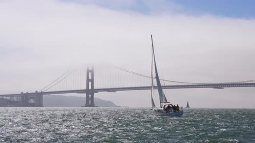 Sailing Down the San Francisco Bay on a Small Yacht in California Near a Golden Gate Bridge