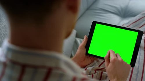 Manager Holding Green Screen Tablet Closeup. Unknown Man Working Home Remotely. Unrecognized
