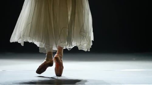 Elegant Woman in a White Tutu Dance Ballet and Balancing in Pointe Shoes View of the Legs Dark