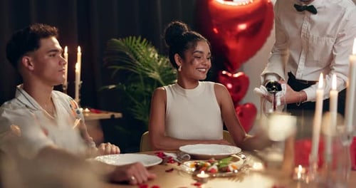 Smile, couple and red wine on date at restaurant for romance, valentines day celebration