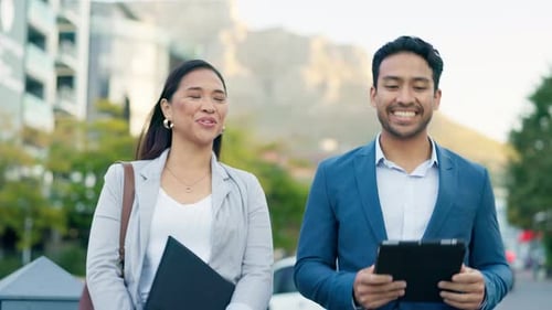 Business people, group and lawyers walking in city, talking and conversation outdoor