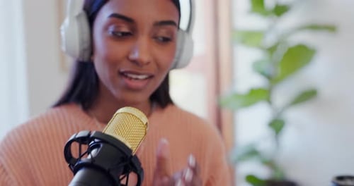 Microphone, headphones and woman live streaming, podcast and radio host with connection