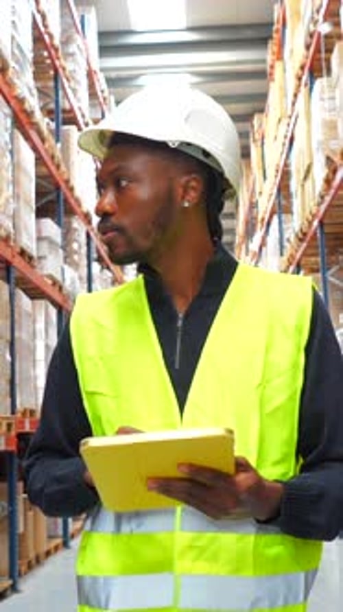 Warehouse Worker Using Digital Tablet for Inventory Management