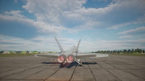 F-18 fighter jet taking off from a runway. Computer animation