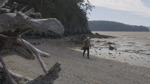 Photographer Or Videographer Walking On Pristine Beach Looking For A Spot To Take Photo Or Video