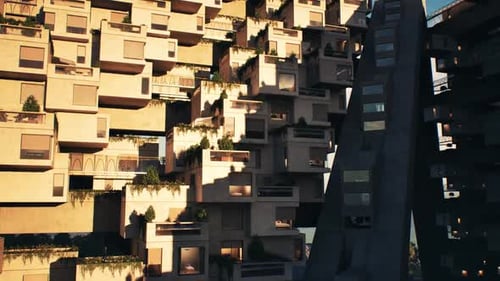 Arquitectura moderna con terrazas verdes al atardecer en la ciudad