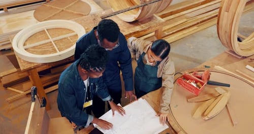 Artisan, carpenter and team for workshop, manufacturing or products design for woodwork