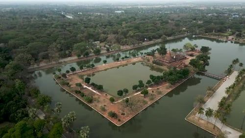 Birds Eye View of Buddhist Monument Surrounded By Water