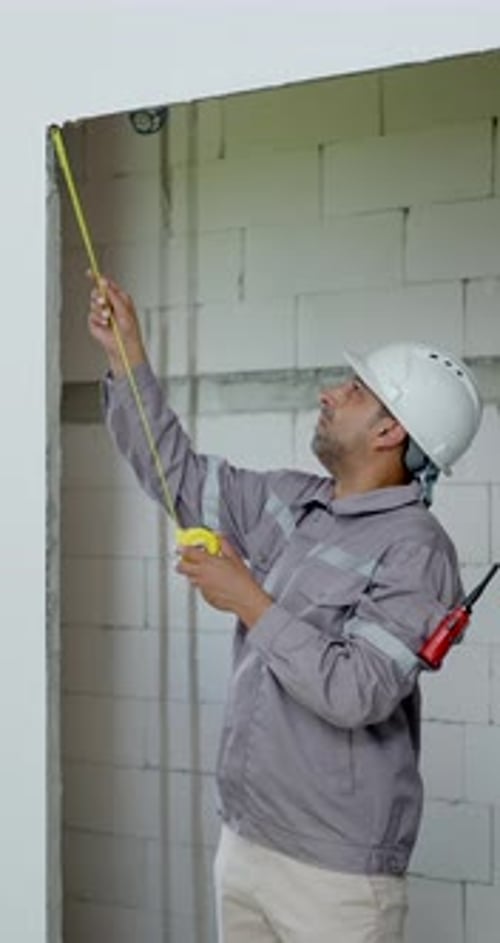 Asian male engineer uses measuring tape near unfinished wall, coordinating construction safety