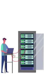 2D Engineer Working On Computer Server Rack Switchboard Vertical ...