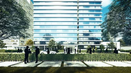 Blue Glass Building with Park and Silhouette People Walking