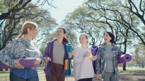 Female Friends Walking in the Park and Chatting after Fitness