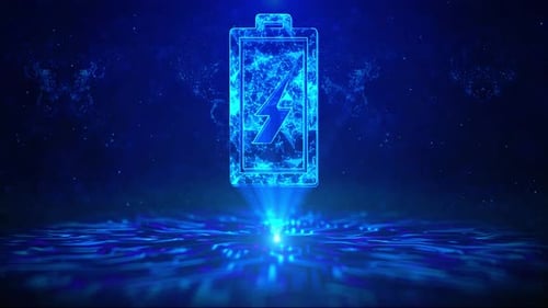 Futuristic Digital Battery Charging Icon on Glowing Circuit Board