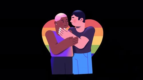 Homosexuelles Paar umarmt sich und steht vor einem Regenbogenherz