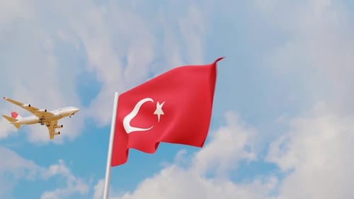 Turkey Flag Waving with Airplane Flying in Blue Sky