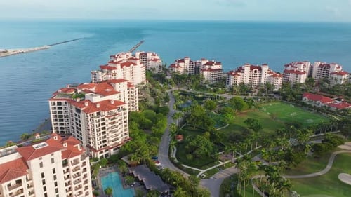Aerial View of South Pointe Pier Fisher Island Florida at Sunset