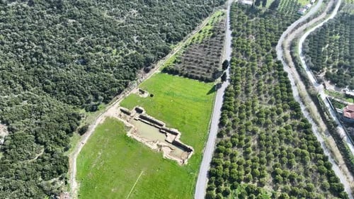 Aerial view of the ruins of the Temple of Apollo at Klaros ruins in Menderes district