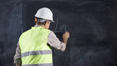 Adult Man Writes on Chalkboard Wearing Hard Hat