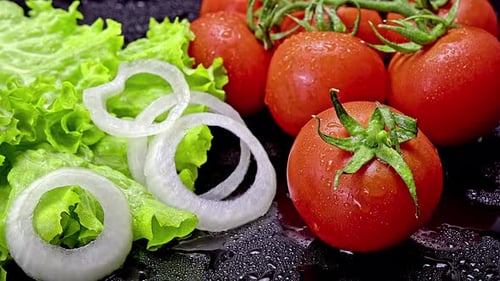 Fresh Vegetables: Tomatoes, Lettuce, and Onion Rings